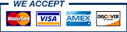 We accept Visa, Mastercard, American Express, and Discover.